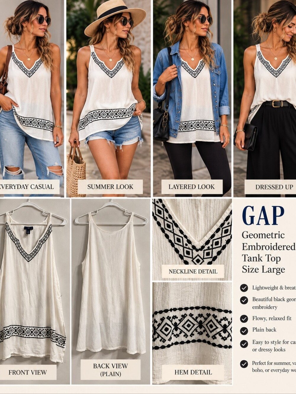 Gap Geometric Embroidered Tank Top in White & Black Size Large